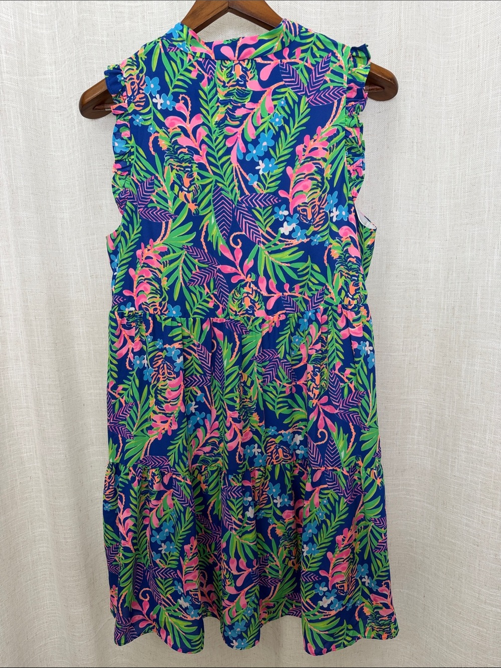 Lilly Pulitzer Sleeveless Blue & Pink Tropical Print Tiered Dress Size Large - Picture 2 of 14